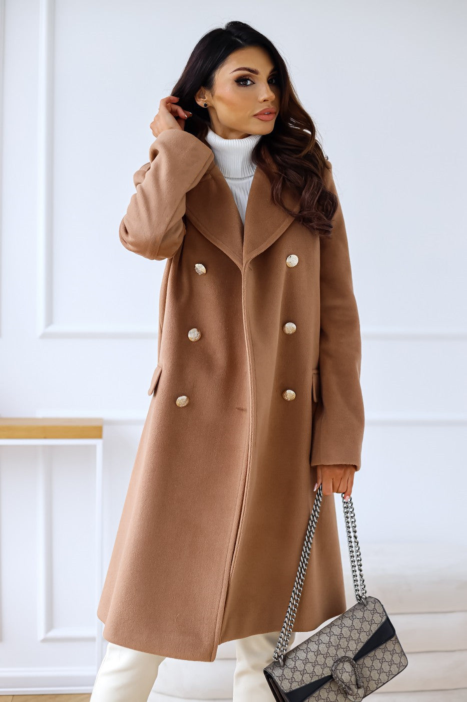 Wool Blend Relaxed Fit Double-Breasted Long Coat