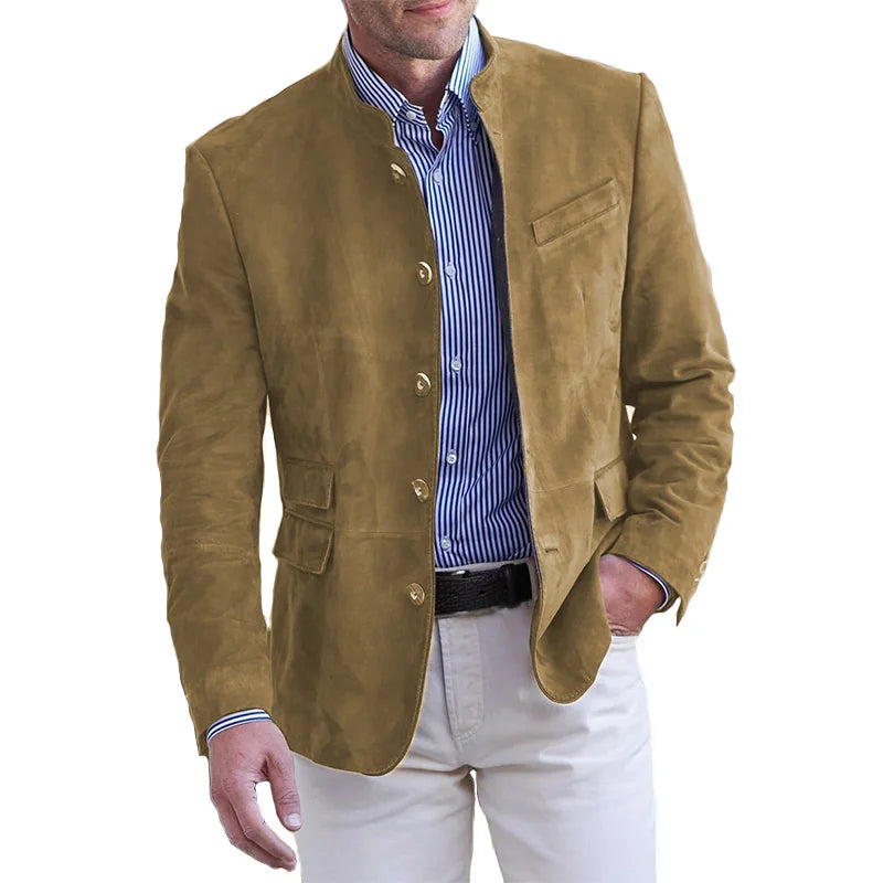 Suede Tailored Fit Mandarin Collar Blazer
