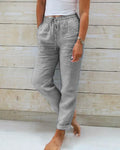 Women's Pants - Lightweight Linen Mix - Relaxed Fit - Elastic Waist with Drawstring - Ankle Length