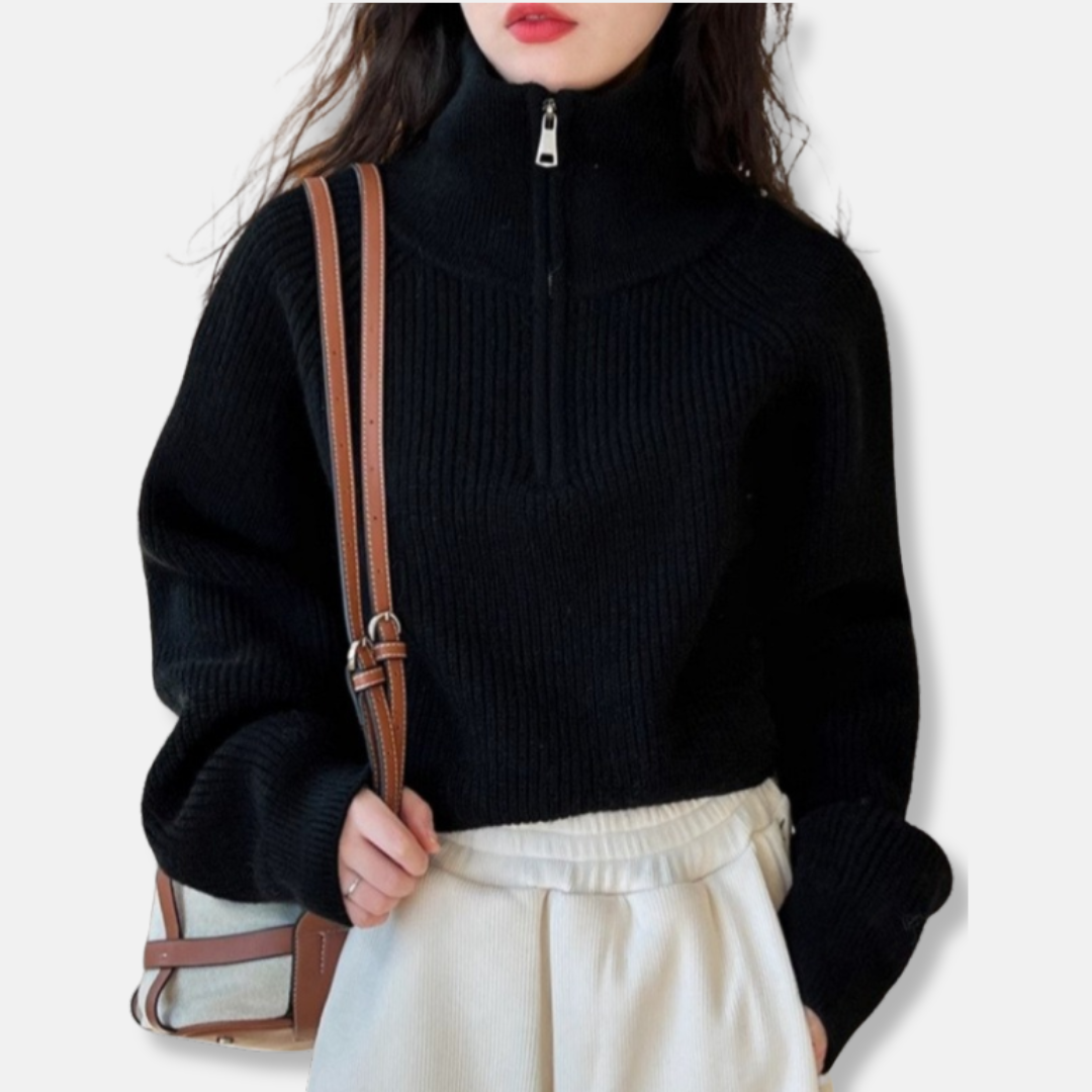 Ribbed Cropped Half-Zip Turtleneck Pullover Sweater