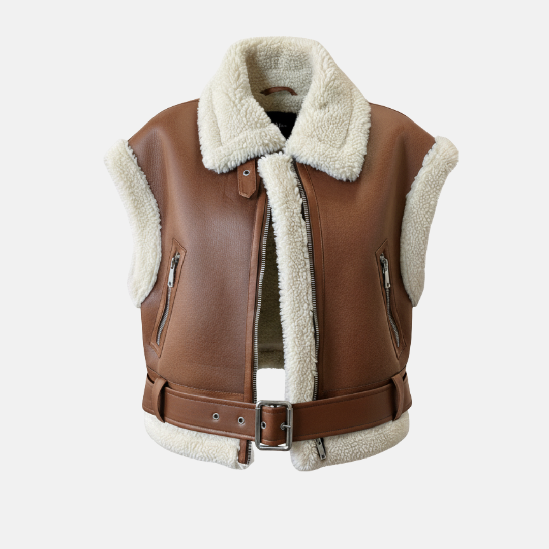 Faux Leather Notched Collar Belted Vest Jacket