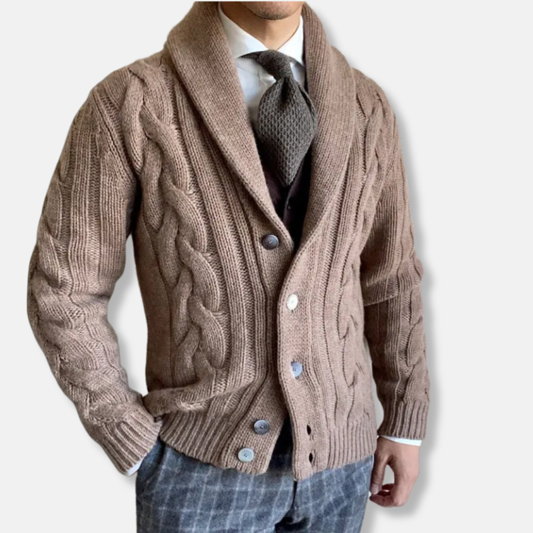 Wool Blend Cable Knit Shawl Collar Cardigan