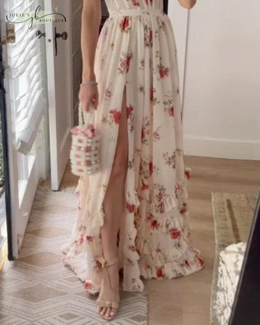 Women's Maxi Dress - Sleeveless with Spaghetti Straps - Deep Neckline - Elegant Cut