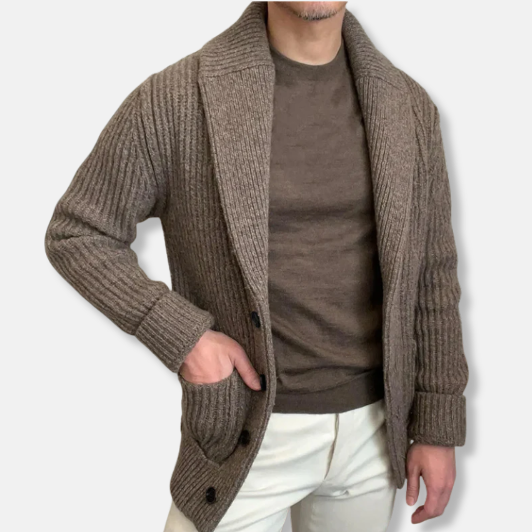 Wool Blend Shawl Collar Ribbed Knit Cardigan