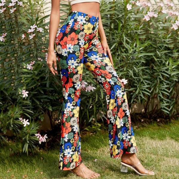 Women's Sectioned Pants - High Waist - Floral Pattern - Retro Flared Design