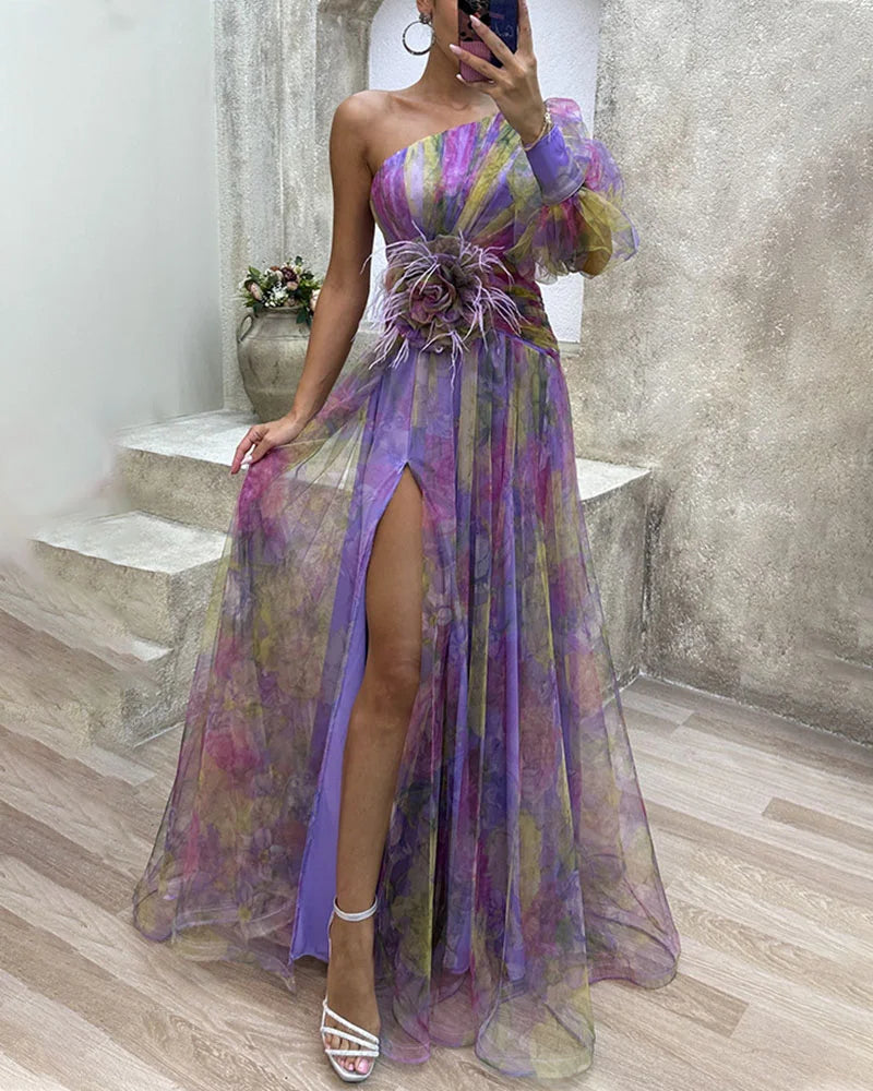 Women's Evening Dress - One-Shoulder Long Sleeve - High Slit Flowing Design - Elegant Party Dress