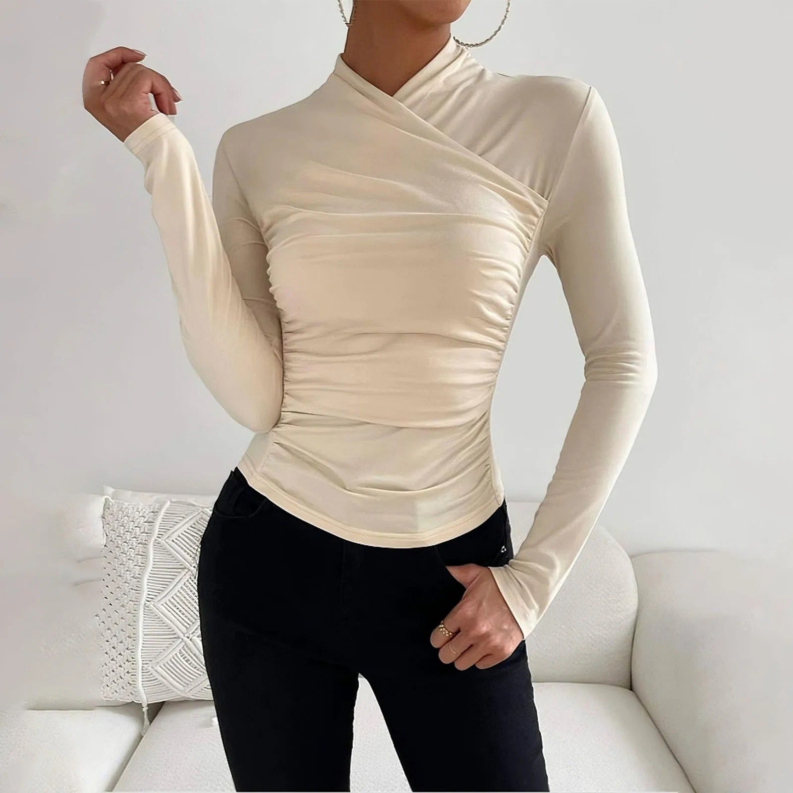 Women's Wrap Blouse - Long-Sleeved - Asymmetrical High Neck - Elegant Slim Fit