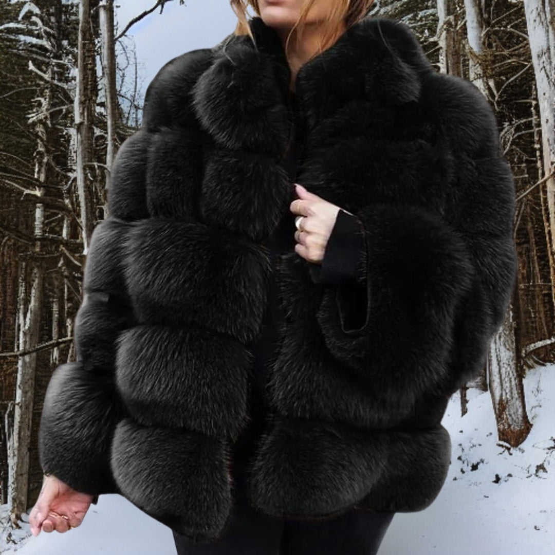 Women's Fur Jacket - Soft Faux Fur - Medium Length - Voluminous Quilted Design