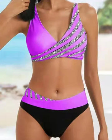 Stretch Stripe High Waist Wrap Bikini Set