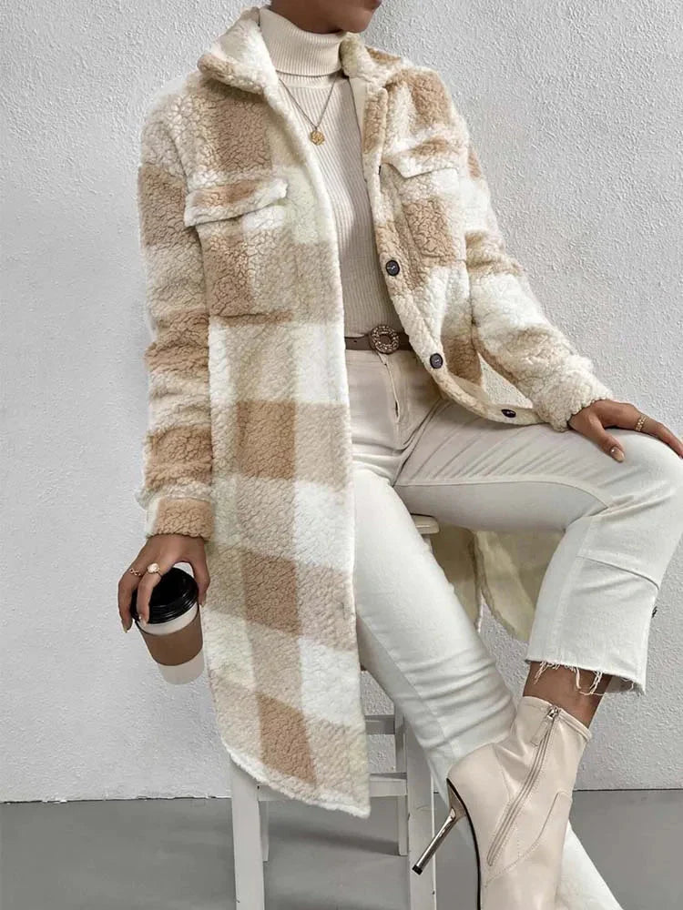 Plush Teddy Checkered Oversized Coat
