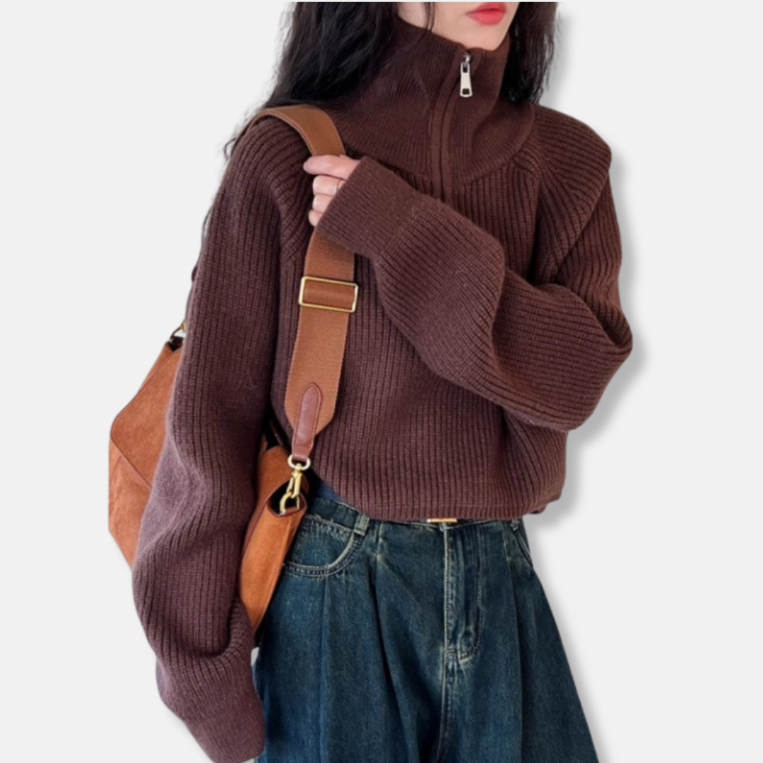 Ribbed Cropped Half-Zip Turtleneck Pullover Sweater