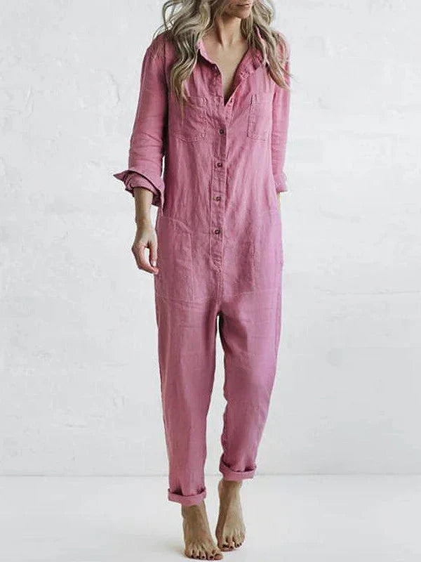 Cotton Linen Loose Fit Long Sleeve Jumpsuit
