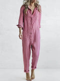 Women's Jumpsuit - Cotton Linen Blend - Loose Fit - Long Sleeves - Button Closure