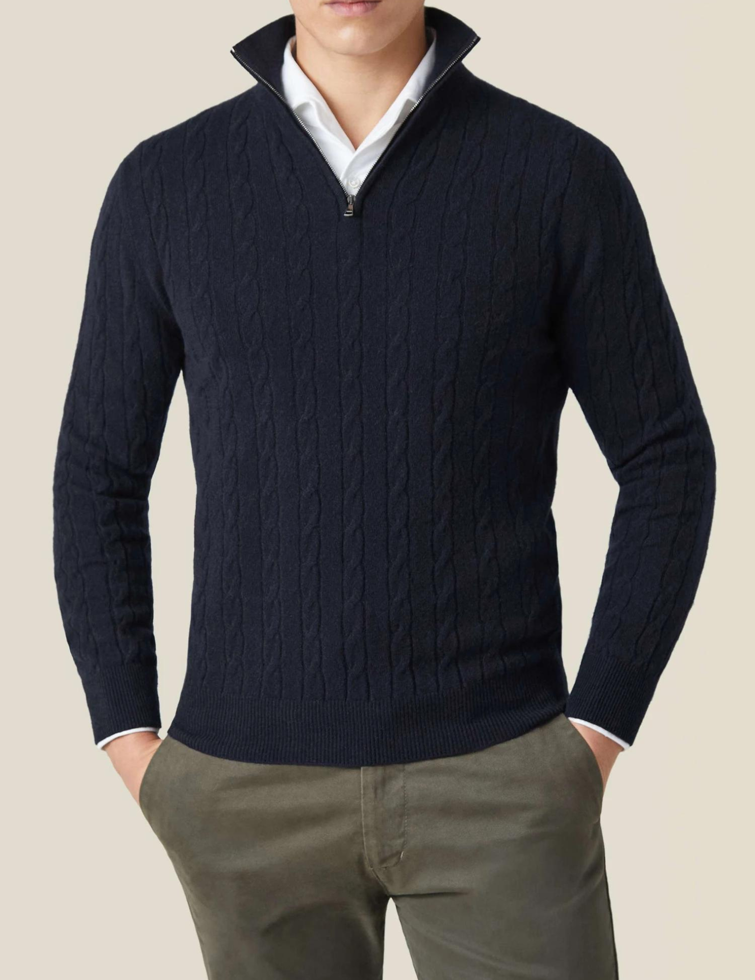 Men's Sweater in Cable Knit – Wool Blend – Half Zipper – Smart Casual Fit