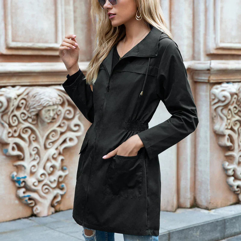 Women's Trench Coat - Lightweight Water-Repellent - Adjustable Waist - Long-Sleeved with Zipper