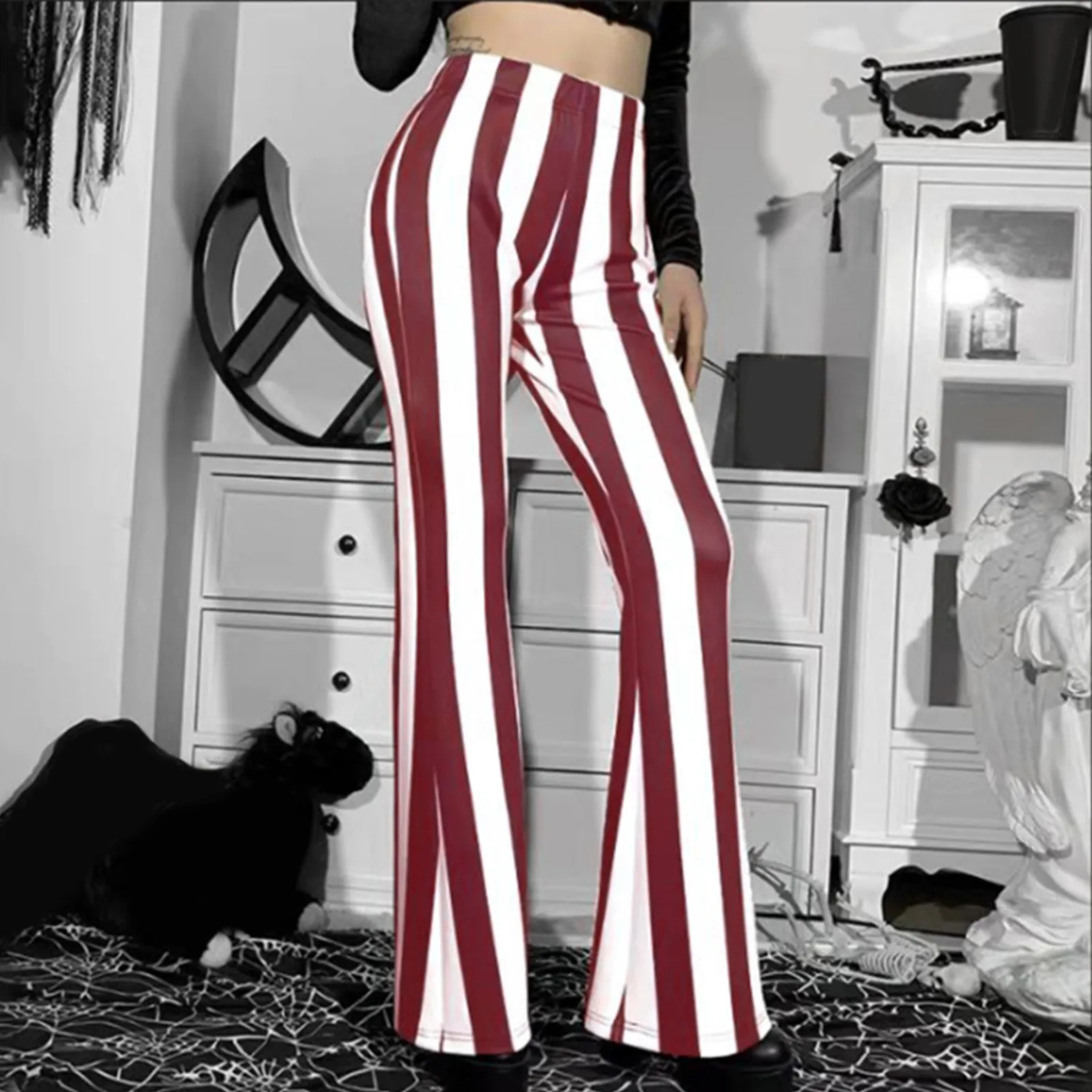 Women's Flared Pants - High-Waisted - Stretchable Fabric - Vertical Stripes - Comfort Fit