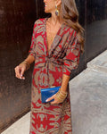 Women's Maxi Dress - Deep V-neck with Knot Detail - 3/4 Sleeves - Elegant and Flowy Design