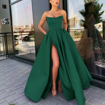 Strapless A-Line High Slit Evening Dress