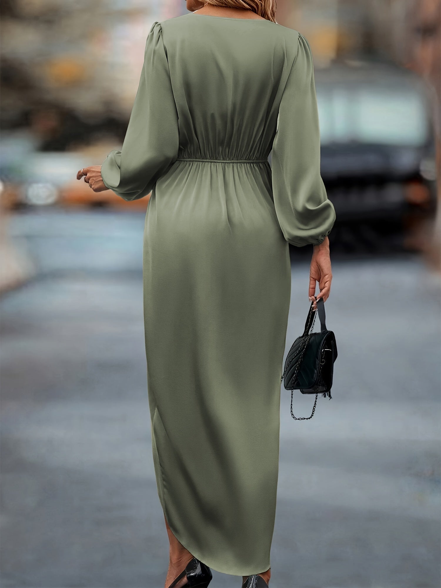 Women's Midi Wrap Dress - V-Neck - Long Sleeves - Asymmetric Slit - Elegant Formal Look