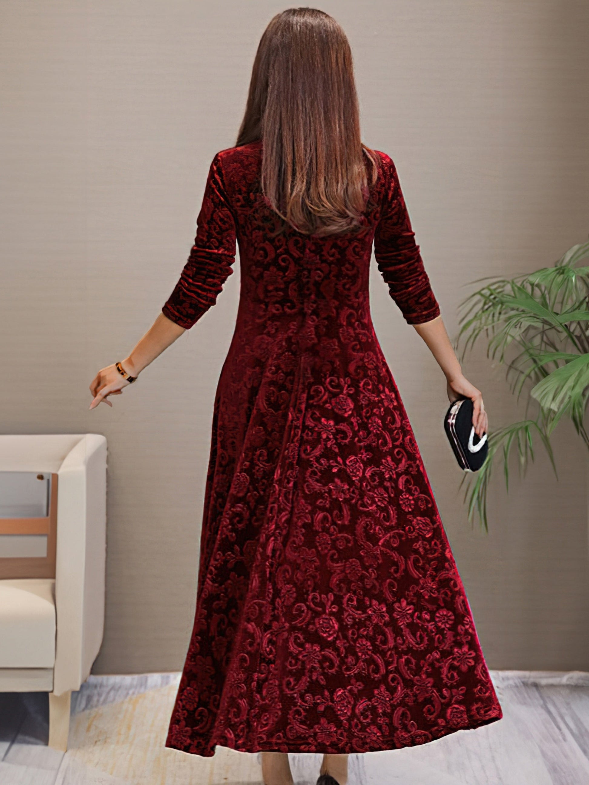 Women's Evening Dress - Velvet - V-neck - A-line - 3/4 Sleeves - Floral Pattern