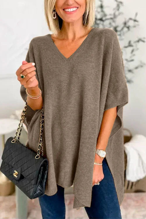 Women's Poncho Top - Soft Knit - Loose Fit - V-Neck Draped Design