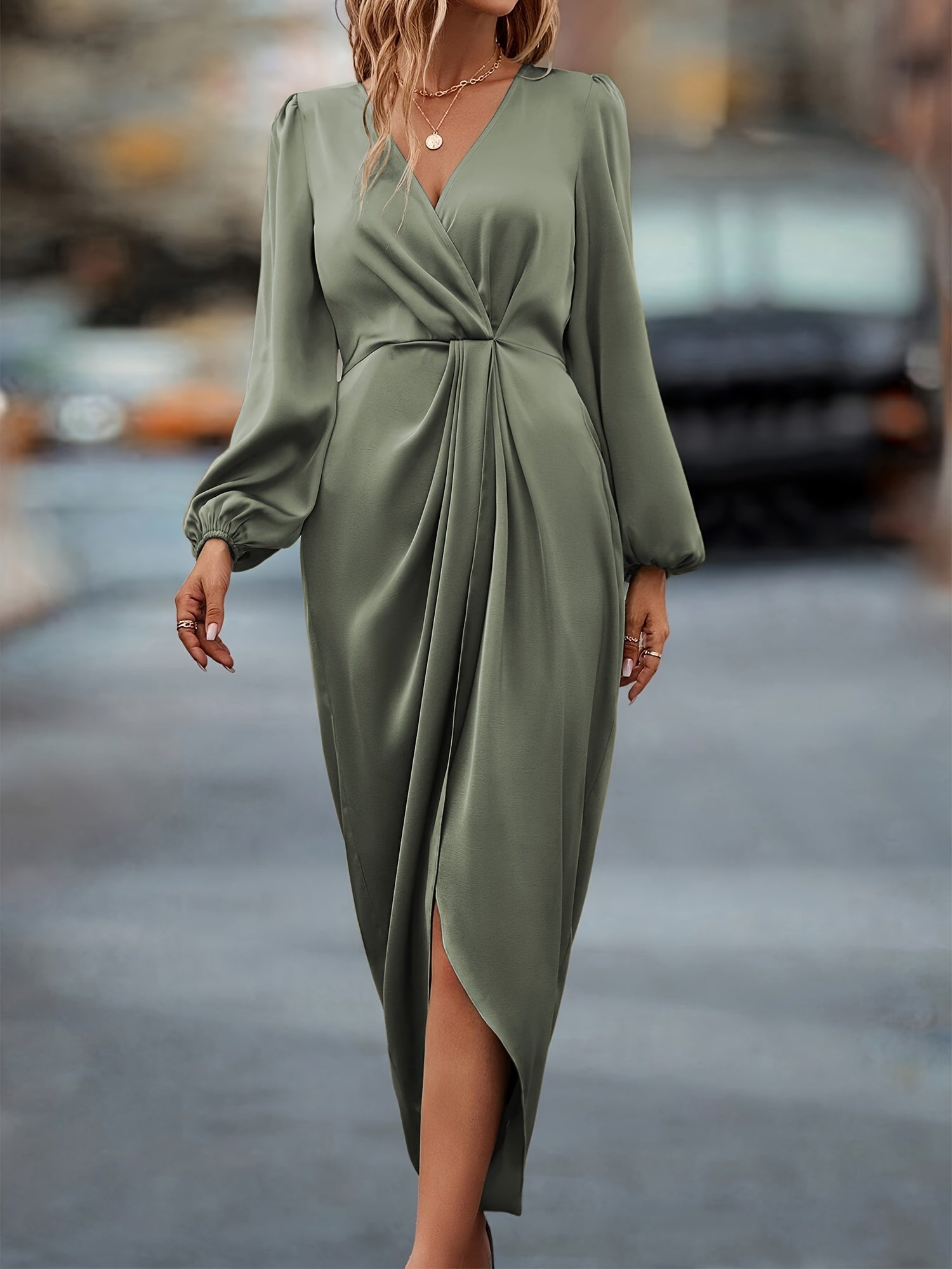 Women's Midi Wrap Dress - V-Neck - Long Sleeves - Asymmetric Slit - Elegant Formal Look