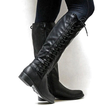 Lace-Up Faux Leather Flat Sole Knee-High Boots