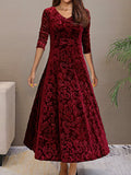 Women's Evening Dress - Velvet - V-neck - A-line - 3/4 Sleeves - Floral Pattern