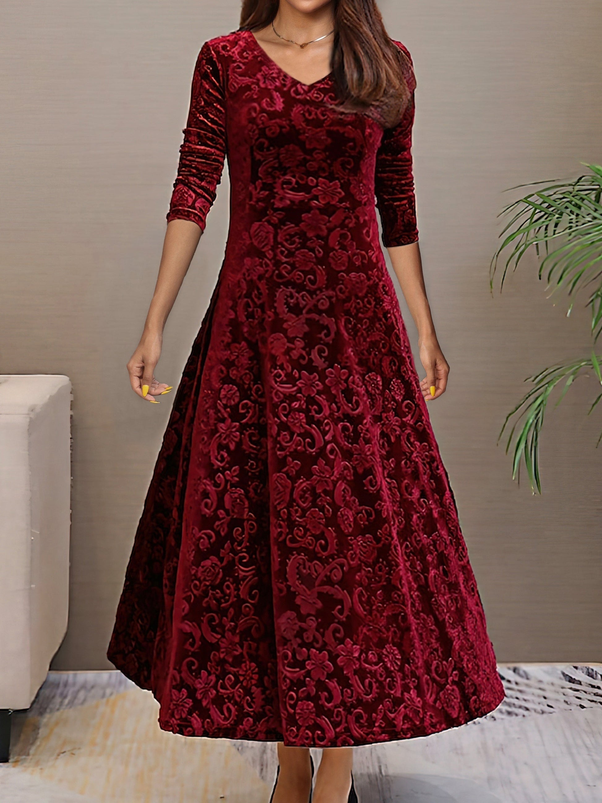 Women's Evening Dress - Velvet - V-neck - A-line - 3/4 Sleeves - Floral Pattern