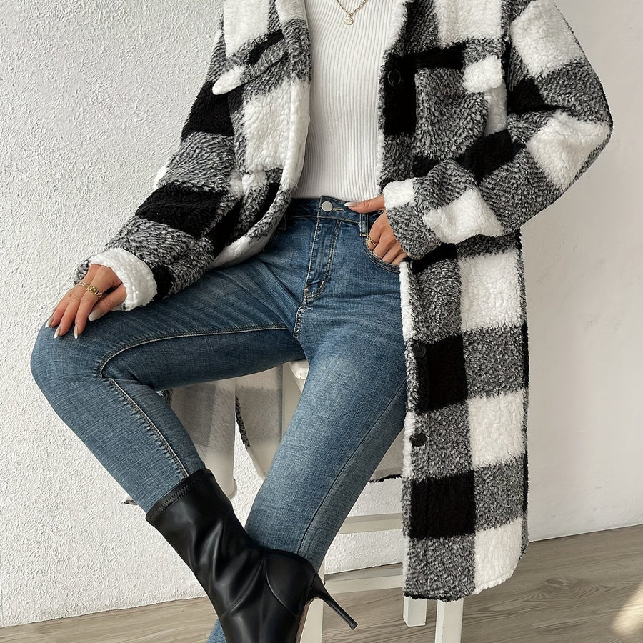 Plush Teddy Checkered Oversized Coat