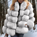 Women's Fur Jacket - Soft Faux Fur - Medium Length - Voluminous Quilted Design