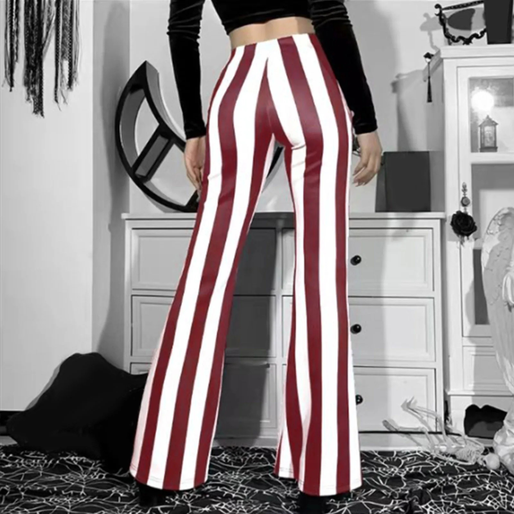 Women's Flared Pants - High-Waisted - Stretchable Fabric - Vertical Stripes - Comfort Fit