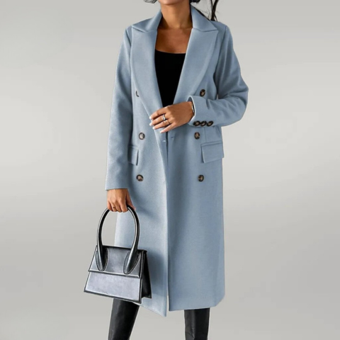Women's Long Coat - Wool Blend - Double Breasted - Tailored Fit - Notch Lapel