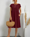 Women's Midi Dress - Loose Fit - Short Sleeves - Round Neck - With Practical Pockets