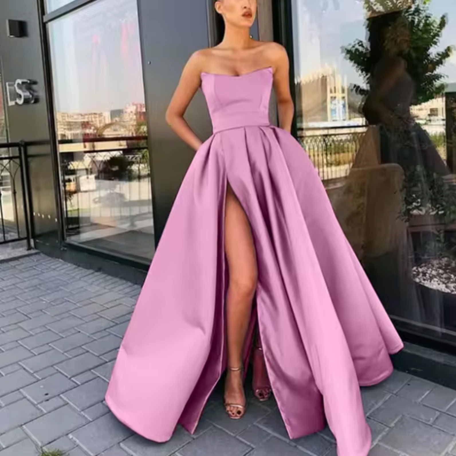 Women's Evening Dress - Strapless A-Line - Floor-Length with High Slit - Elegant Formal Look