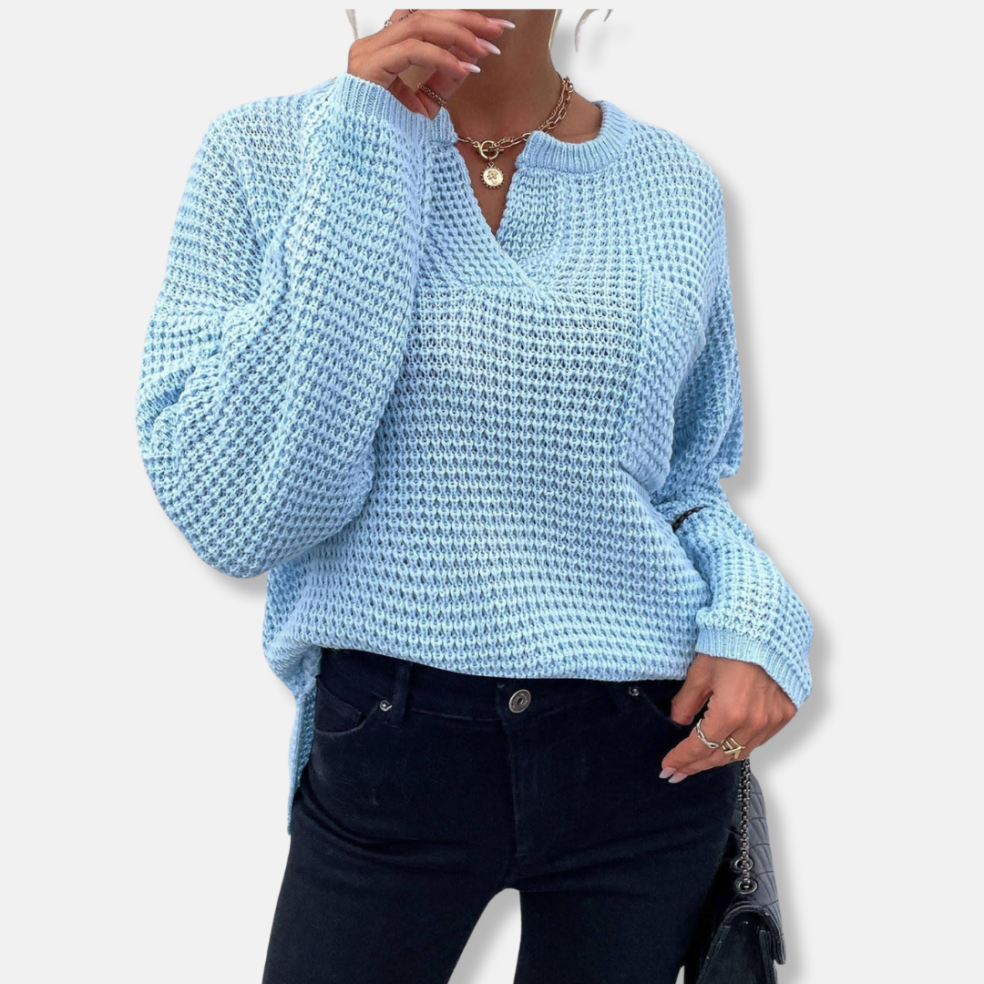 Waffle Knit Relaxed Fit Notched Neck Sweater