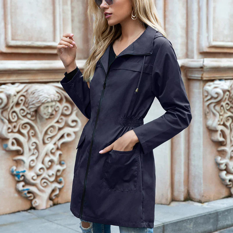 Women's Trench Coat - Lightweight Water-Repellent - Adjustable Waist - Long-Sleeved with Zipper