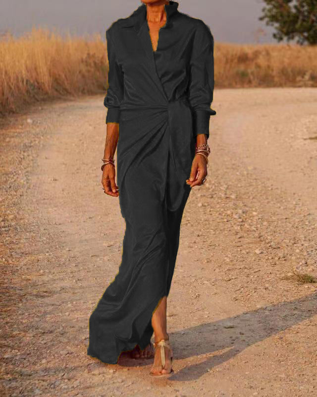 Women's Maxi Dress - Wrap Design - V-Neck - Long Sleeves - Elegant and Lightweight