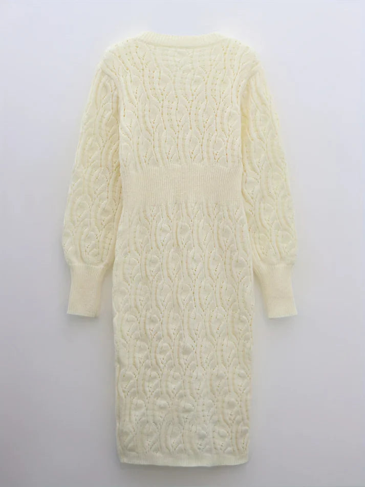 Women's Knit Dress - V-Neck - Long-Sleeved - Fitted Ribbed Design - Elegant & Comfortable