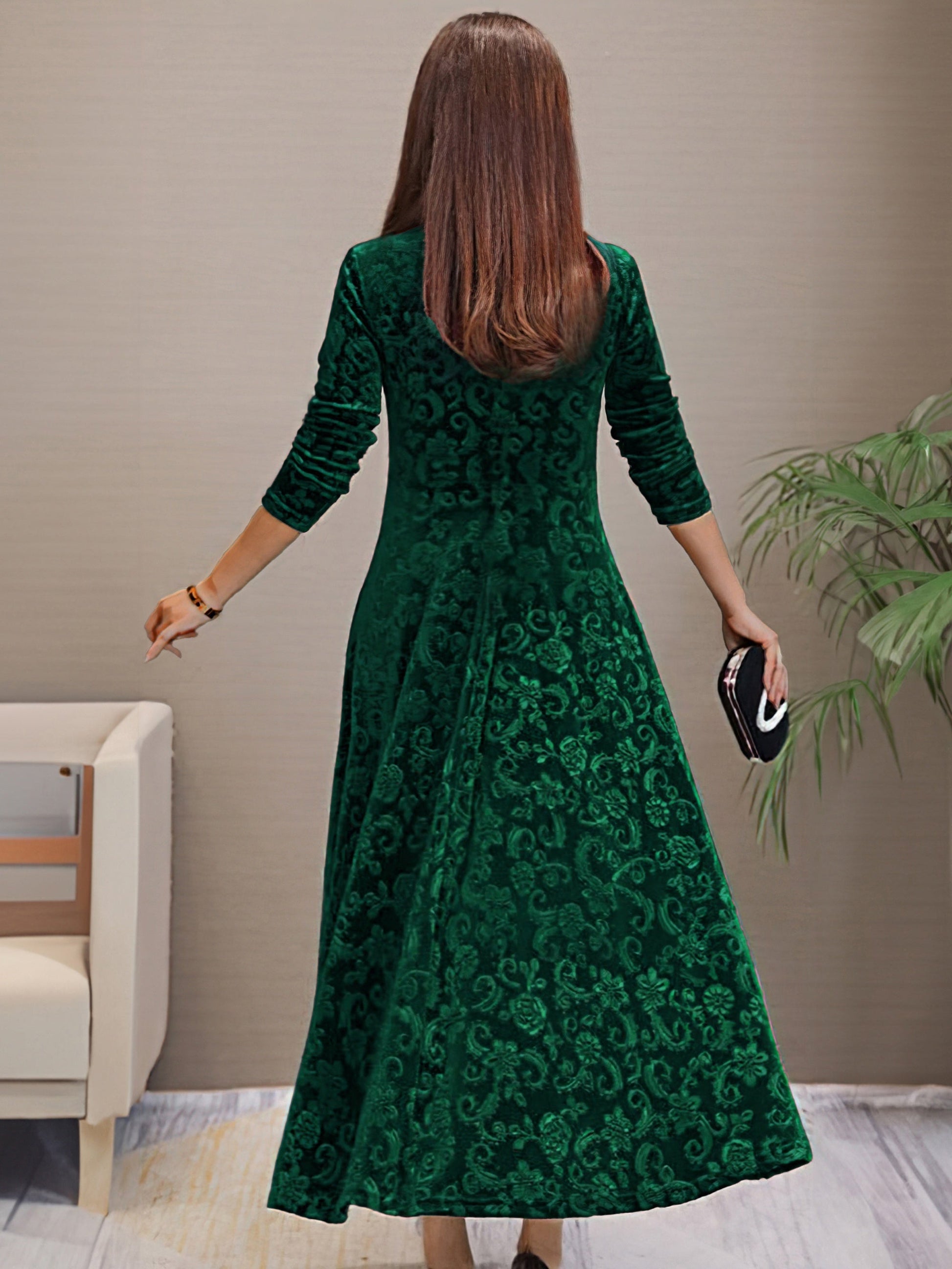 Women's Evening Dress - Velvet - V-neck - A-line - 3/4 Sleeves - Floral Pattern
