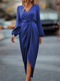 Women's Midi Wrap Dress - V-Neck - Long Sleeves - Asymmetric Slit - Elegant Formal Look