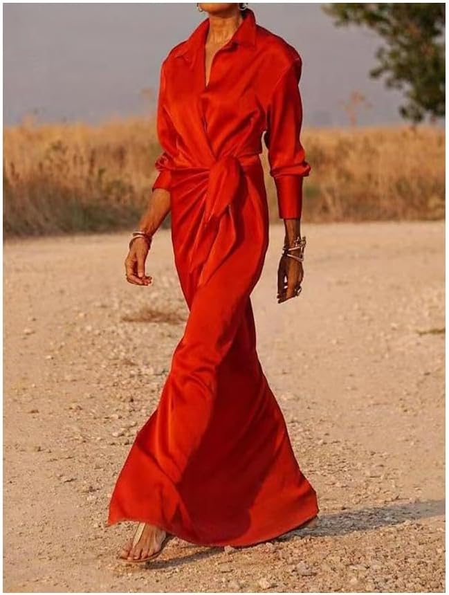 Women's Maxi Dress - Wrap Design - V-Neck - Long Sleeves - Elegant and Lightweight