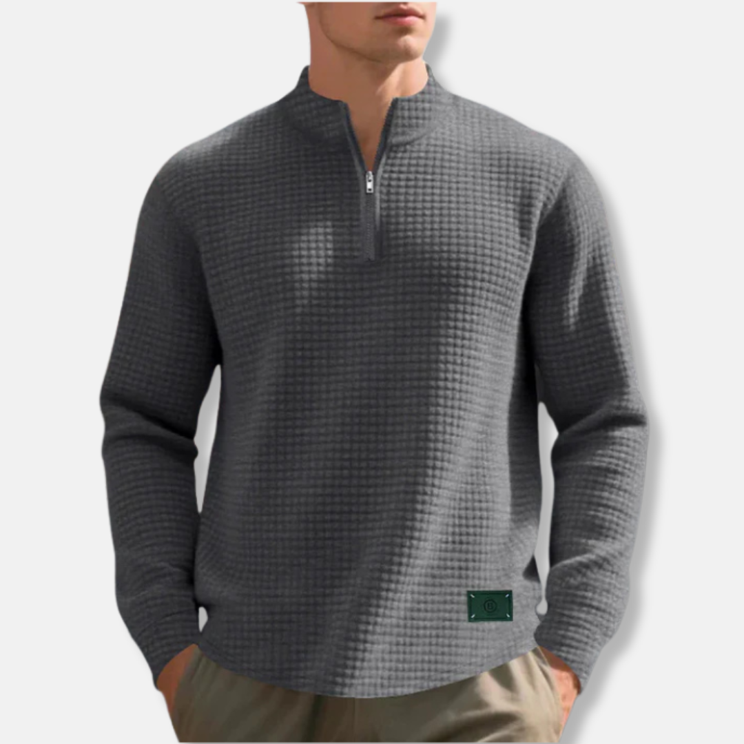 Waffle Knit Quarter Zip Mock Neck Sweater