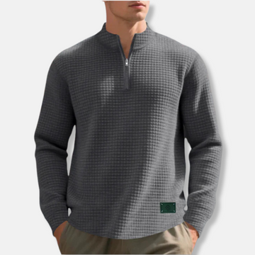 Waffle Knit Quarter Zip Mock Neck Sweater
