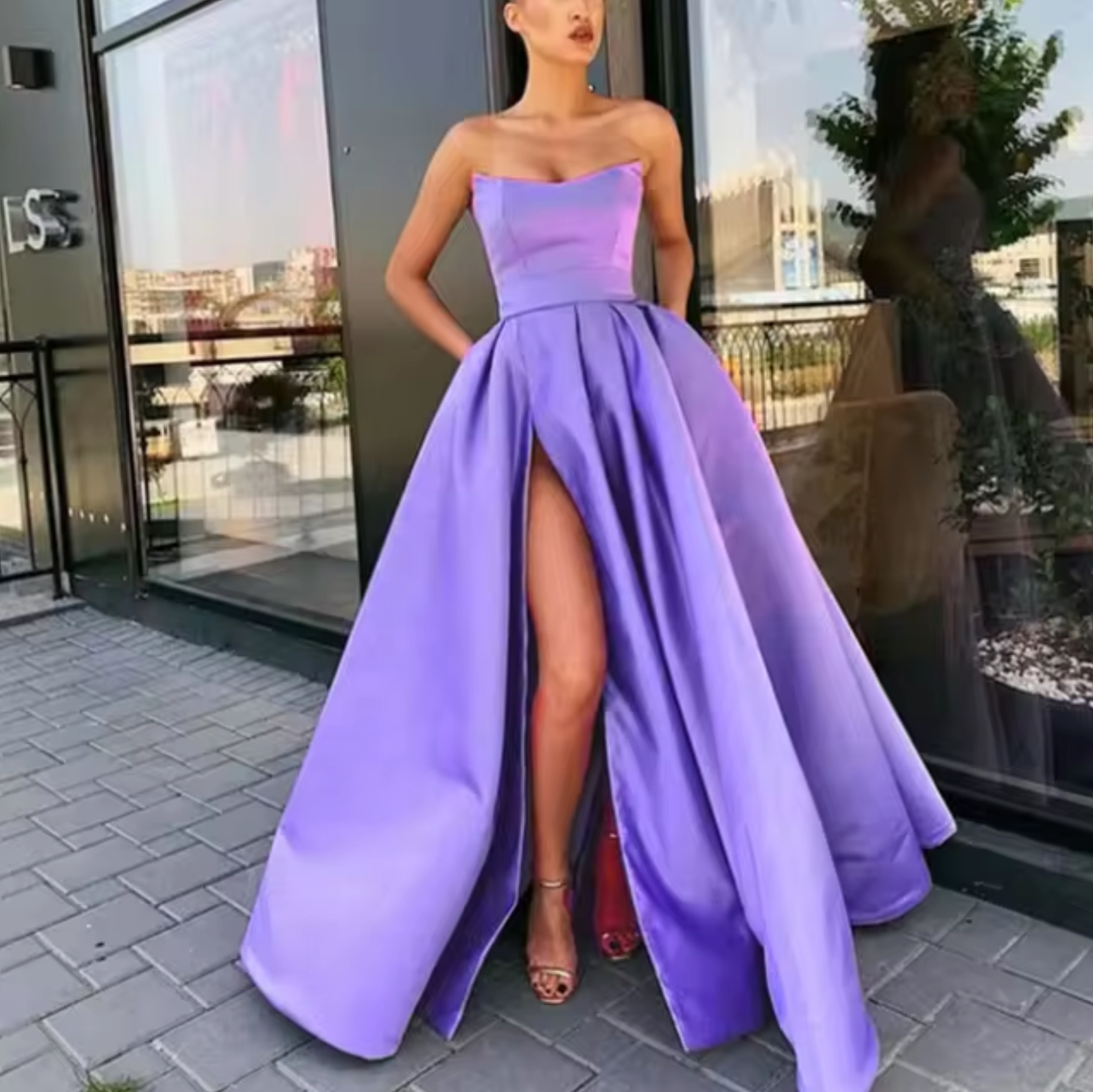 Women's Evening Dress - Strapless A-Line - Floor-Length with High Slit - Elegant Formal Look