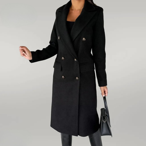 Women's Long Coat - Wool Blend - Double Breasted - Tailored Fit - Notch Lapel