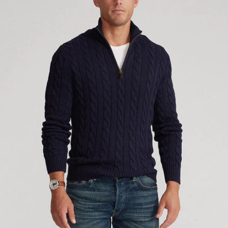 Men's Sweater with Half Zip – Cable Knit – Cotton Blend – Regular Fit – Ribbed Edges