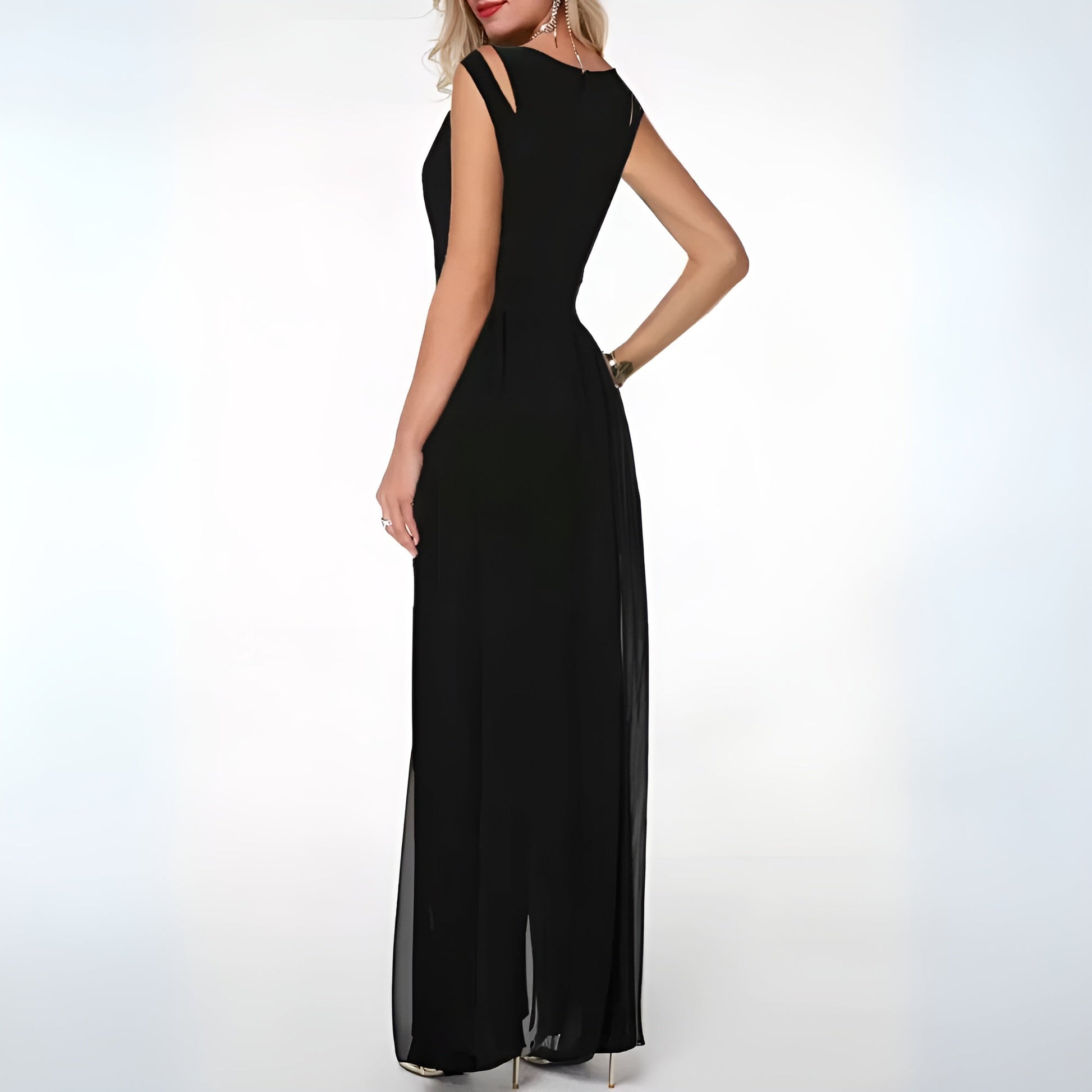 Women's Evening Dress - Sleeveless with Cutout Shoulders - Flowy Maxi - Elegant Party Dress