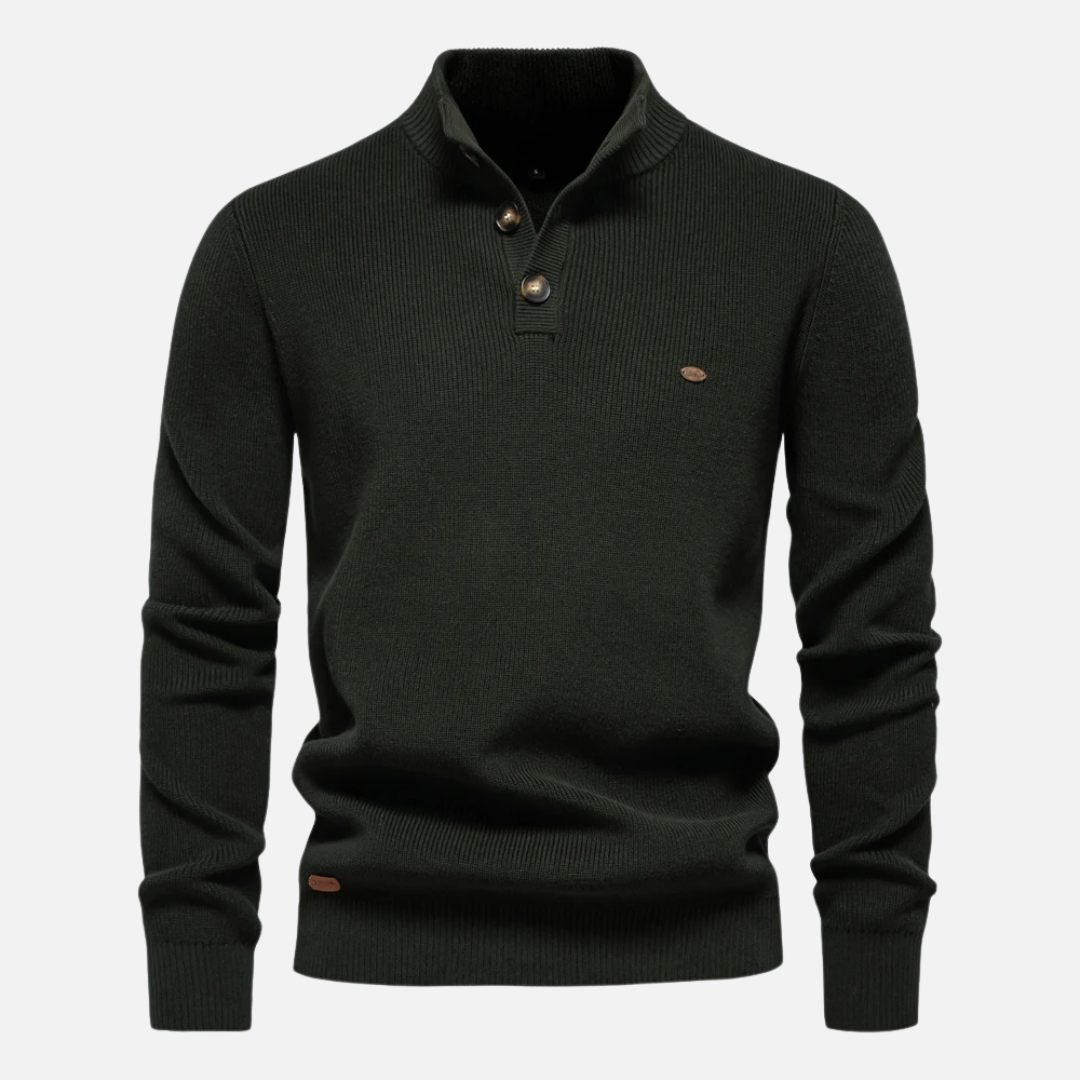 Men's Turtleneck Sweater – Wool Blend – Slim Fit – Rib Knit with Button Details
