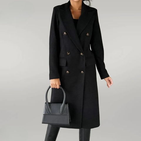 Wool Blend Double Breasted Tailored Long Coat